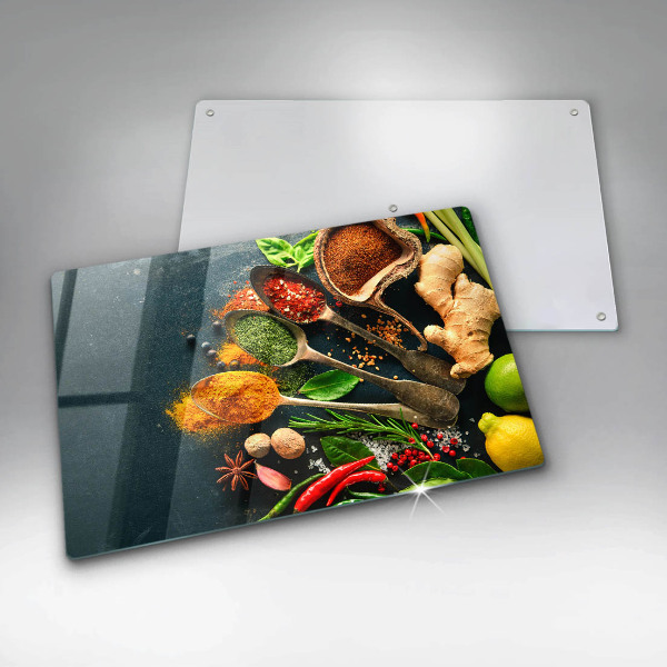 Glass kitchen board Kitchen spices of spoon