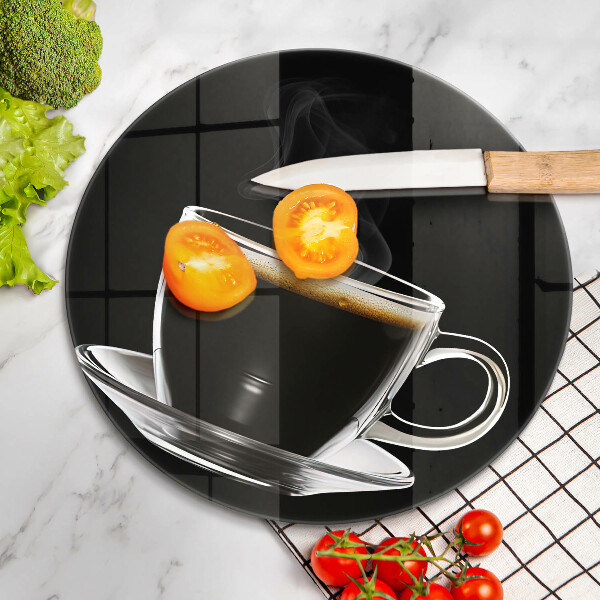 Cutting board A glass of hot coffee