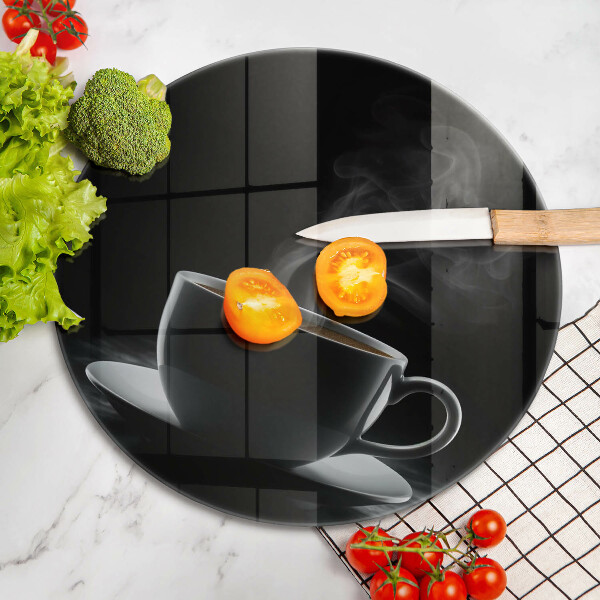 Cutting board Hot cup of coffee