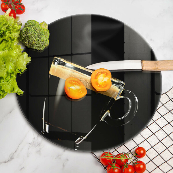 Cutting board A glass of black coffee