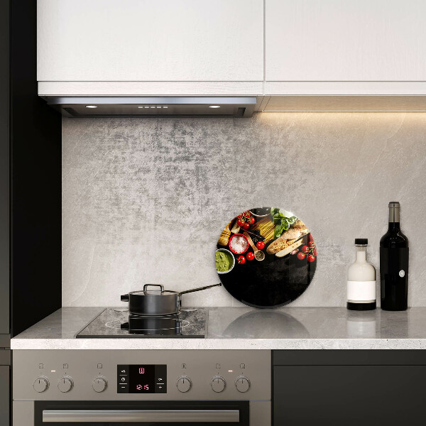 Chopping board glass Italian ingredients and spices