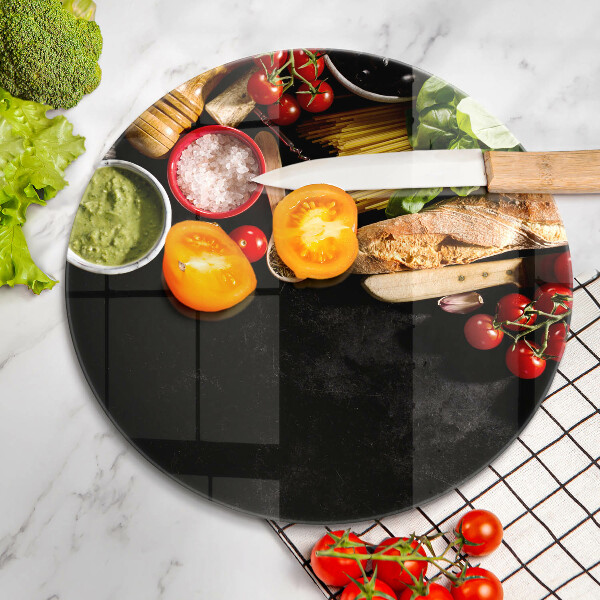 Chopping board glass Italian ingredients and spices