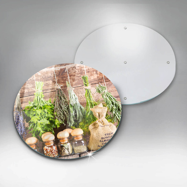 Glass worktop saver Herbs spices and wood