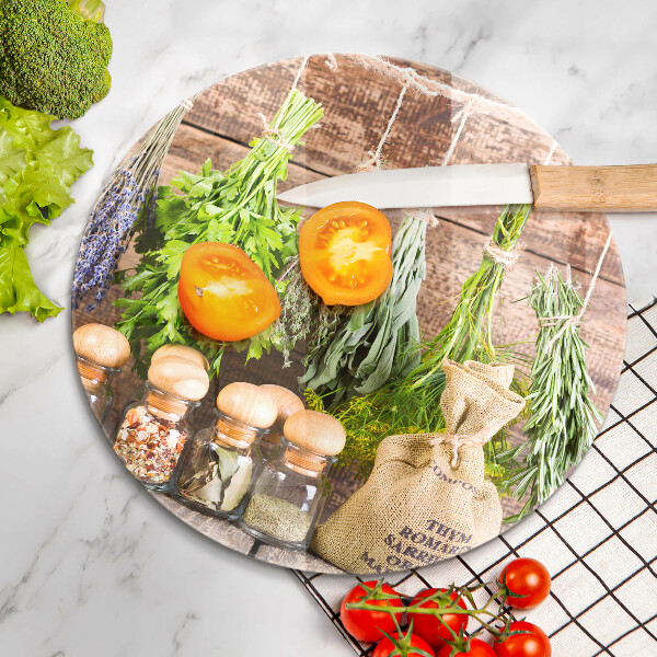 Glass worktop saver Herbs spices and wood