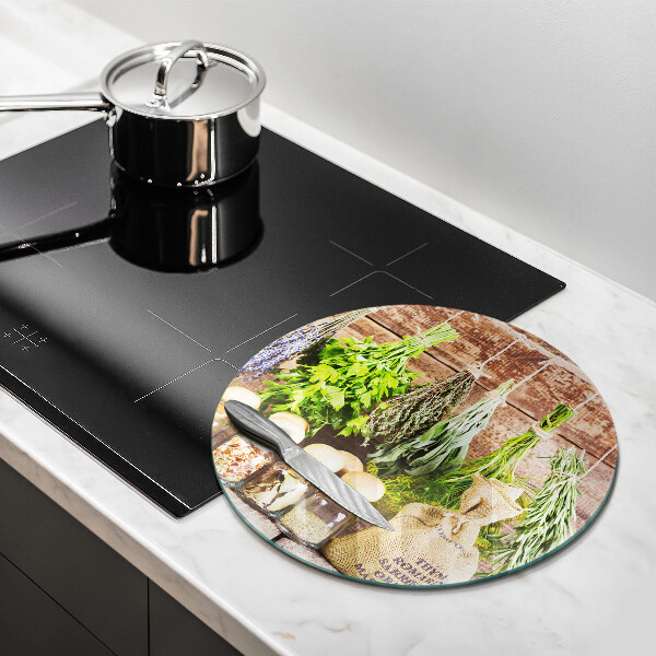 Glass worktop saver Herbs spices and wood