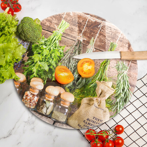 Glass worktop saver Herbs spices and wood