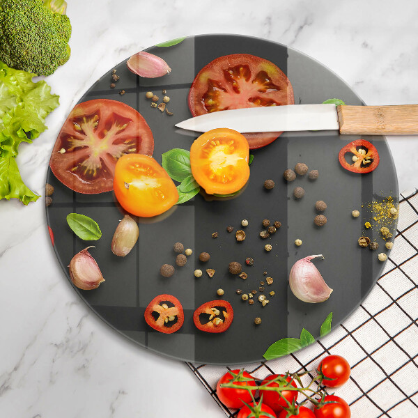 Chopping board glass Tomatoes and spices