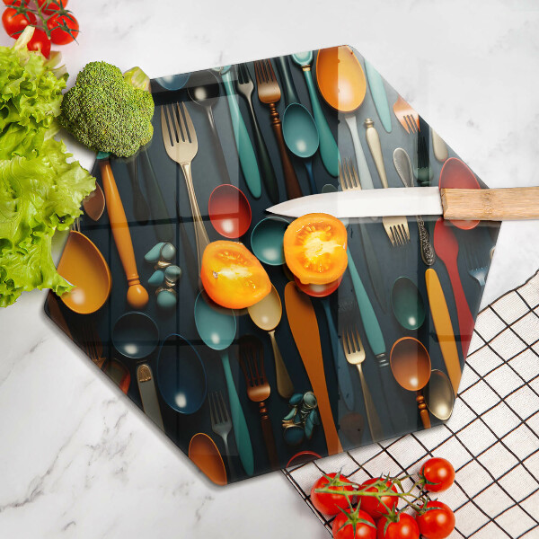 Glass kitchen board Colorful spoons and forks