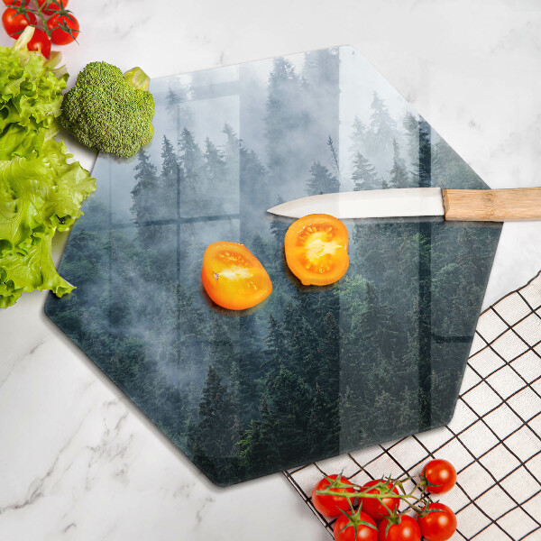 Chopping board glass Forest of trees and fog