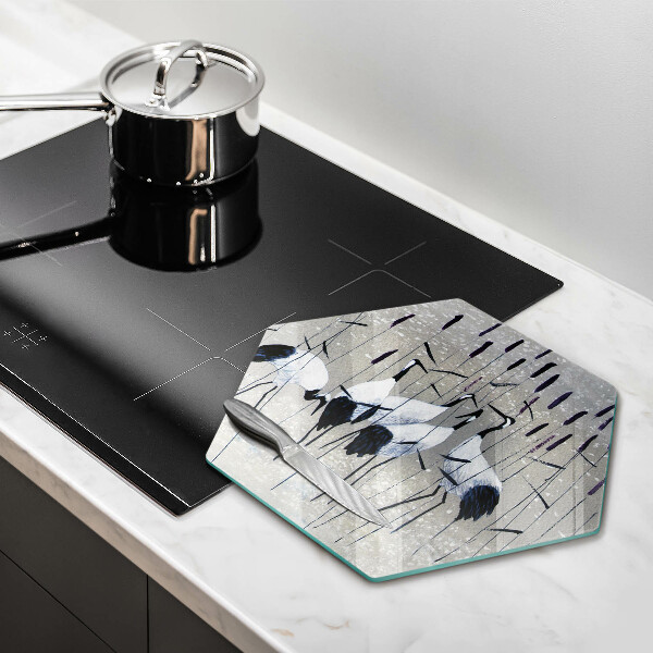 Chopping board glass Japanese cranes