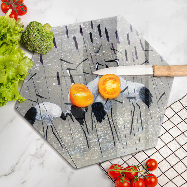 Chopping board glass Japanese cranes