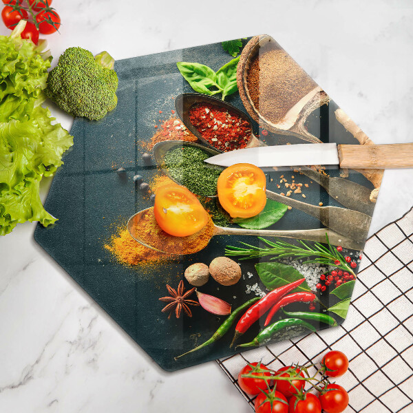 Chopping board glass Kitchen spices of spoon
