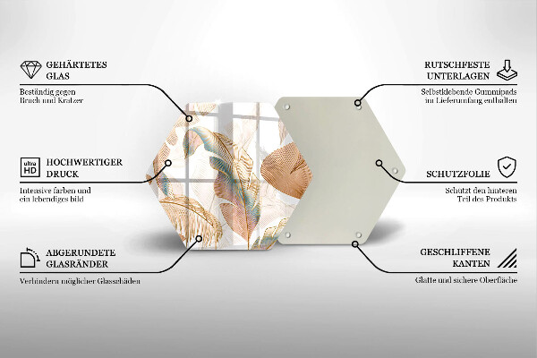 Chopping board glass Boho feathers and leaves