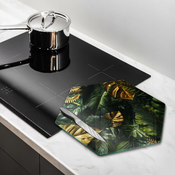 Chopping board glass Monstera golden leaves