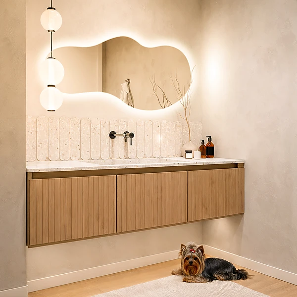 Irregular shaped lighted mirror for wall 17x35 in