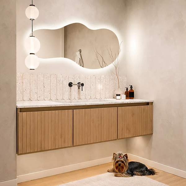 Irregular shaped lighted mirror for wall 17x35 in