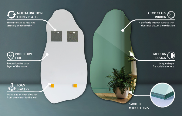 Irregular shaped mirror frameless stylish accessory 18x36 in