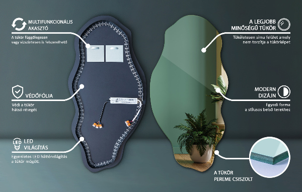 Organic shape led backlit mirror ornamental 45x90 cm