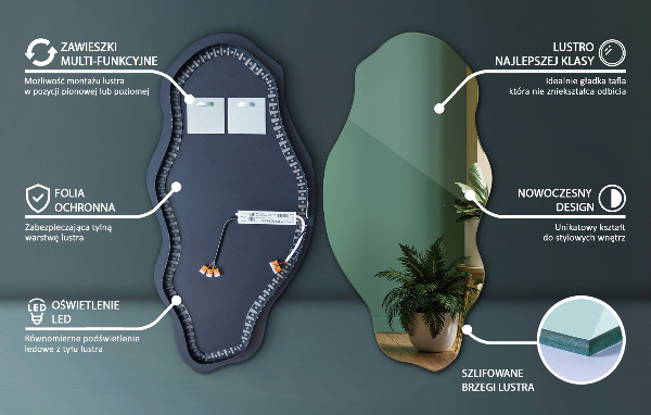 Organic mirror with led lights ornamental 50x100 cm