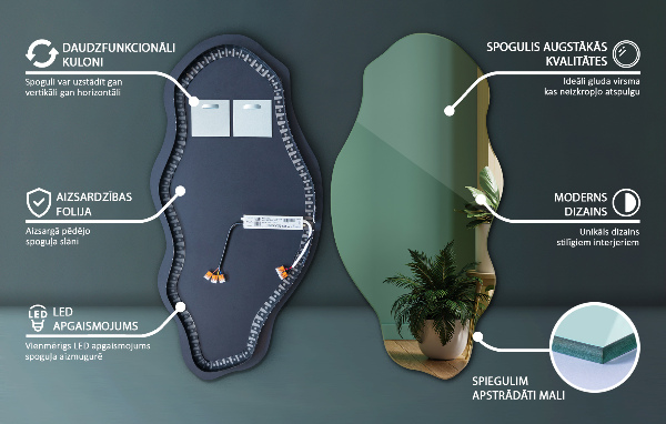 Organic mirror with led lights ornamental 50x100 cm