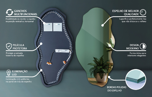 Organic mirror with led lights ornamental 50x100 cm