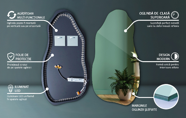 Organic shape led backlit mirror minimalist 45x90 cm