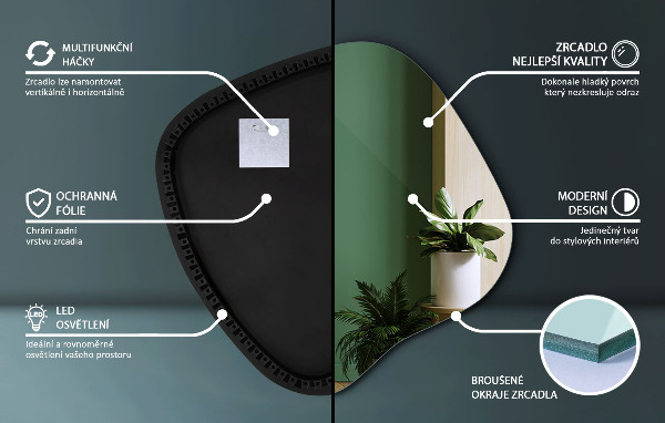 Asymetric led light mirror 68x67 cm