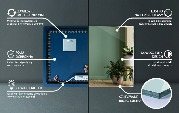 Rectangular led mirror without frame 24x16 in