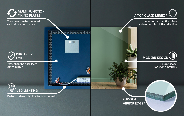 Rectangular led mirror without frame 24x16 in