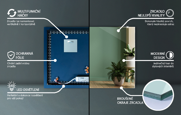 Rectangular led mirror without frame 24x16 in