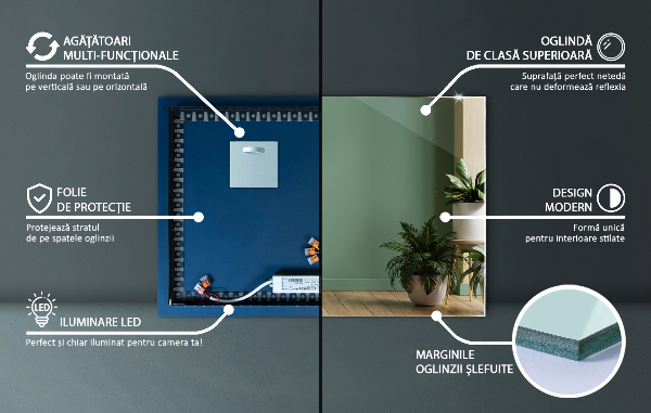 Rectangular led mirror without frame 24x16 in