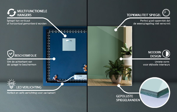 Rectangular led mirror without frame 24x16 in