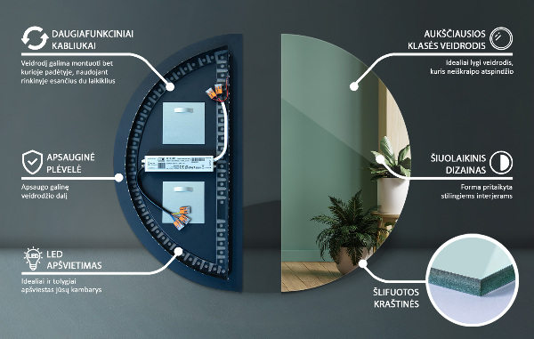 Half moon illuminated mirror 25x50 cm
