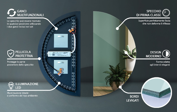 Half circle mirror with lights 30x60 cm
