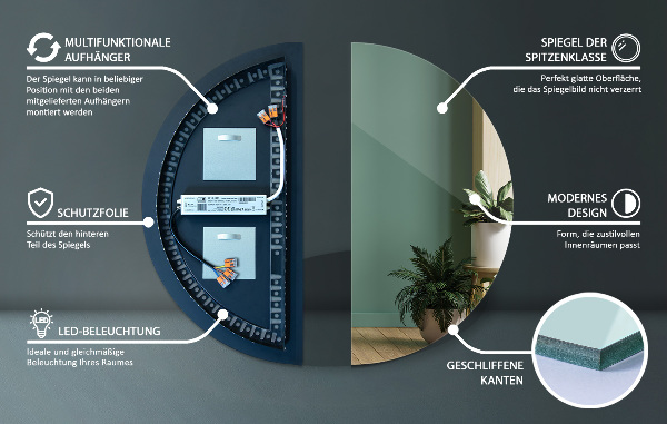 Half-circle led light mirror 50x100 cm