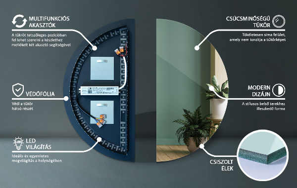 Half-circle led light mirror 50x100 cm