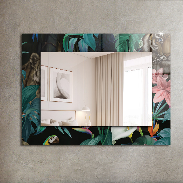 Mirror frame with print Parrots with a tiger in the jungle