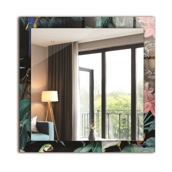 Mirror frame with print Parrots with a tiger in the jungle