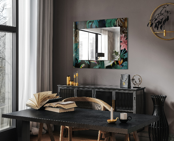 Mirror frame with print Parrots with a tiger in the jungle