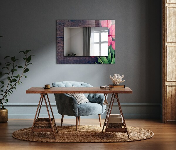 Wall mirror design Wood with pink tulips