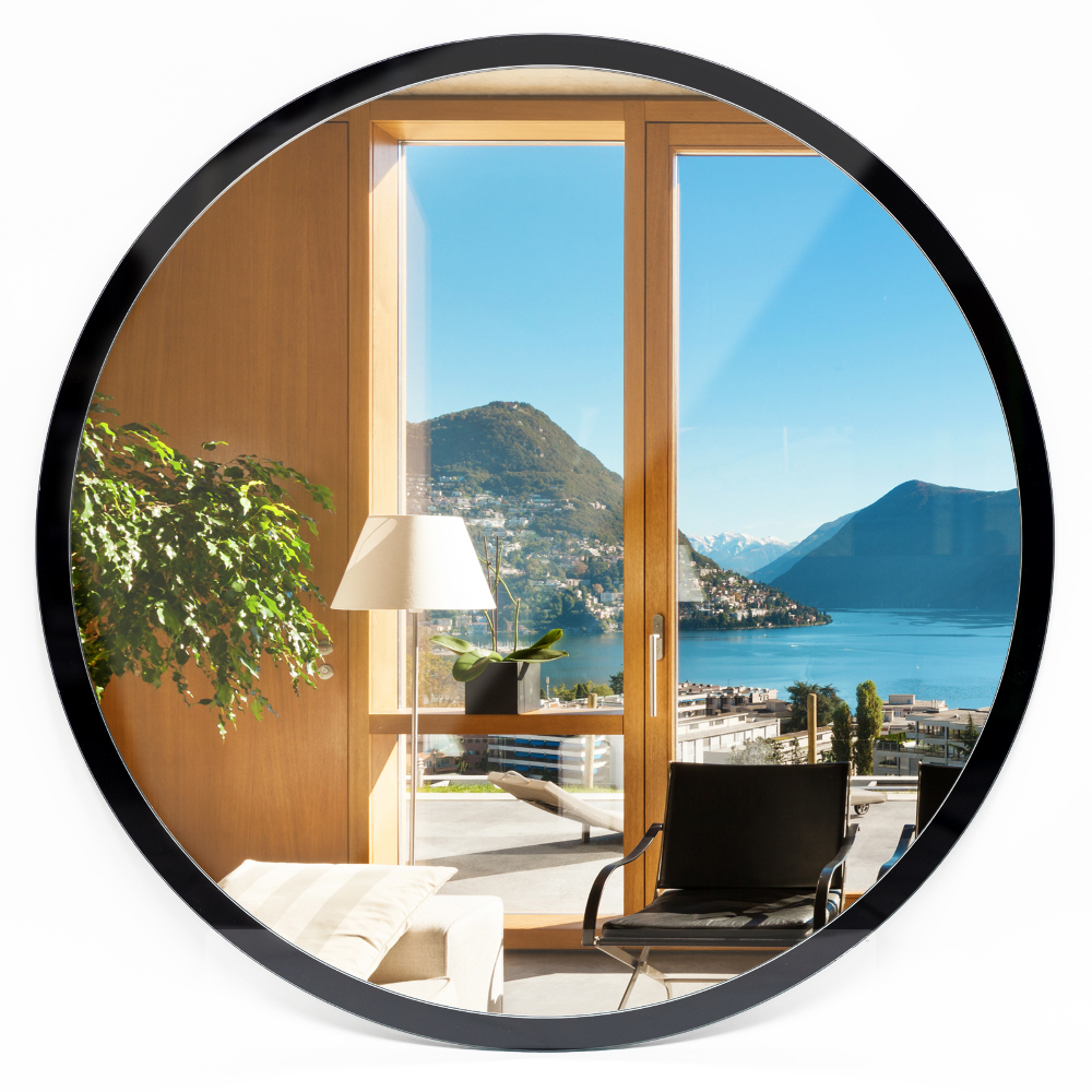 Black framed round wall mirror 35 in