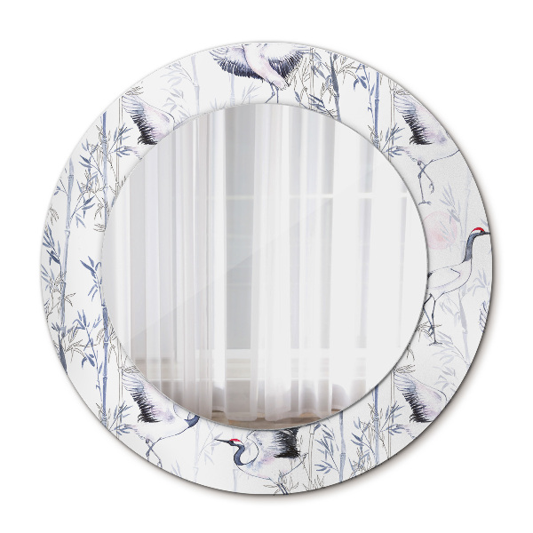 Round mirror frame with print Cranes birds