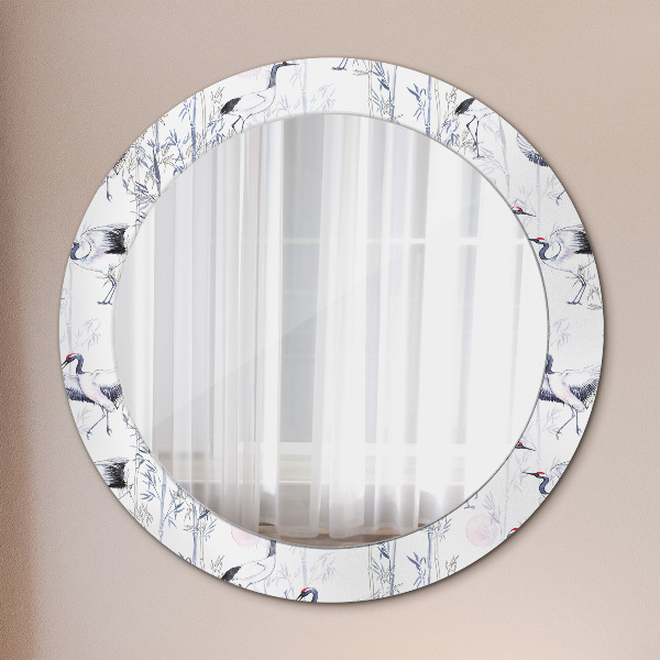 Round mirror frame with print Cranes birds