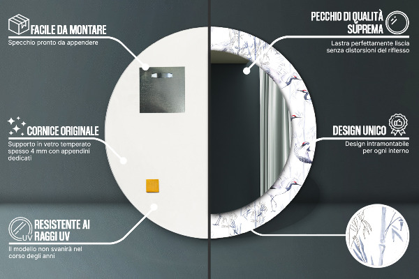 Round mirror frame with print Cranes birds