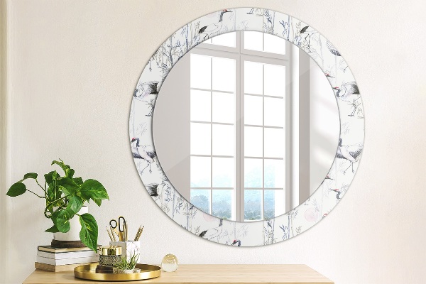 Round mirror frame with print Cranes birds
