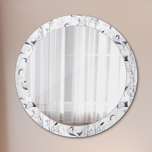 Round mirror frame with print Cranes birds