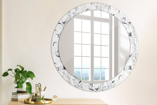 Round mirror frame with print Cranes birds