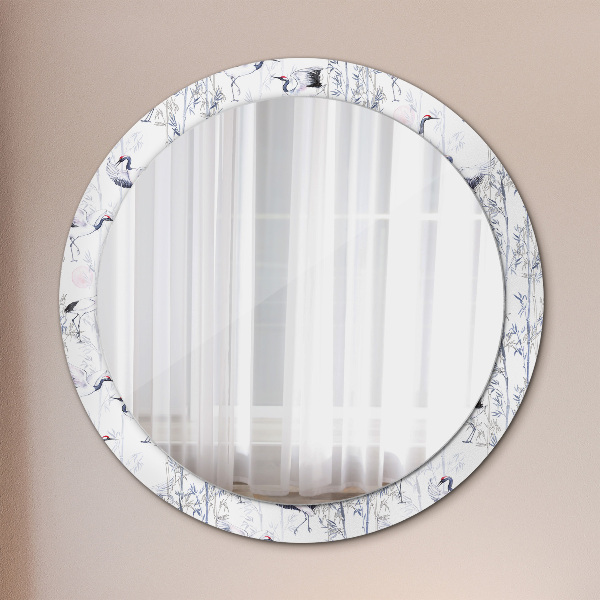 Round mirror frame with print Cranes birds