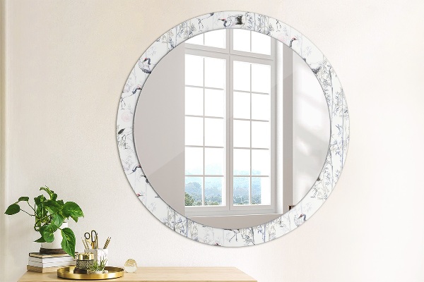 Round mirror frame with print Cranes birds