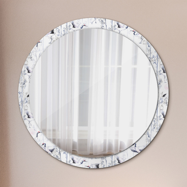 Round mirror frame with print Cranes birds